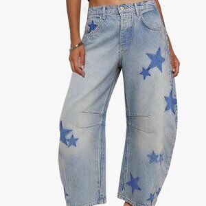 Astronomy Domain Star Printed Boyfriend Retro Horseshoe Jeans Light Blue